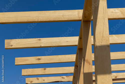 wooden beams used during the construction of the frame of the building