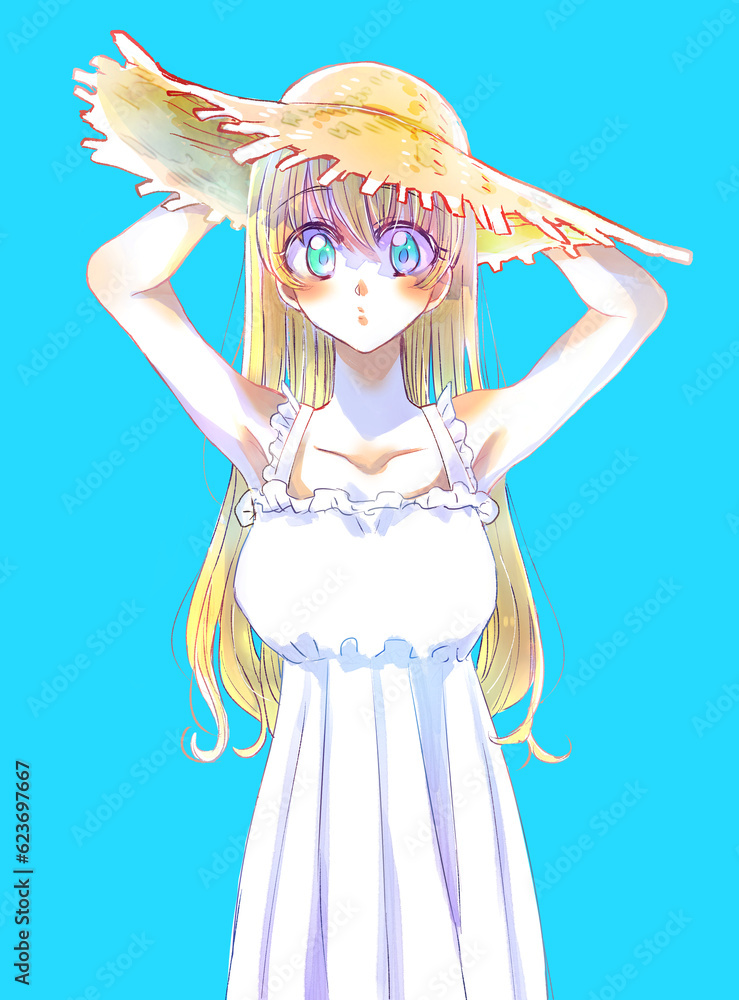 麦わら帽子を被ったロングヘアの女の子　押さえる　金髪　碧眼