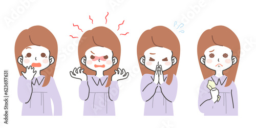 若い女性のいろいろな感情・表情のイラスト素材セット（驚く・慌てる・怒り・謝罪・お願い・悲しい・寂しい）