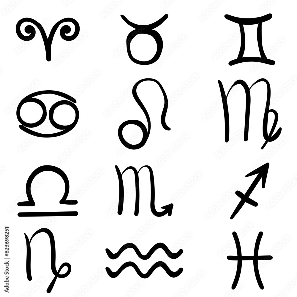 Obraz premium Zodiac sign symbols set, hand drawn horoscope signs line art