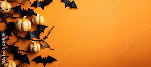 Happy halloween holiday concept. Halloween decorations, bats, ghosts on orange background