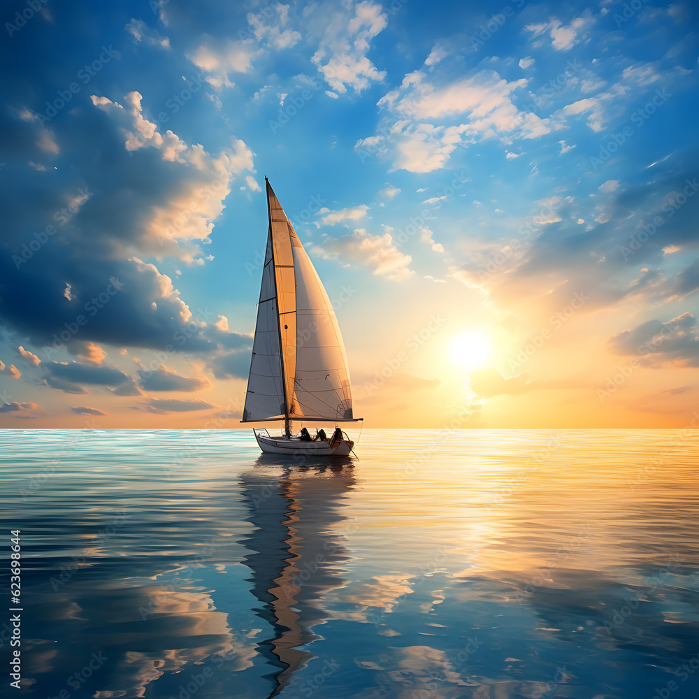 Sunny summer sea and yachting in sunny day, cruise ship, holiday, vacation, ocean, trip,
