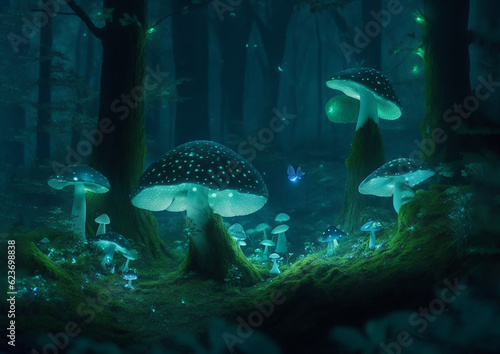 Wonderful magical mushroom forest glowing at night