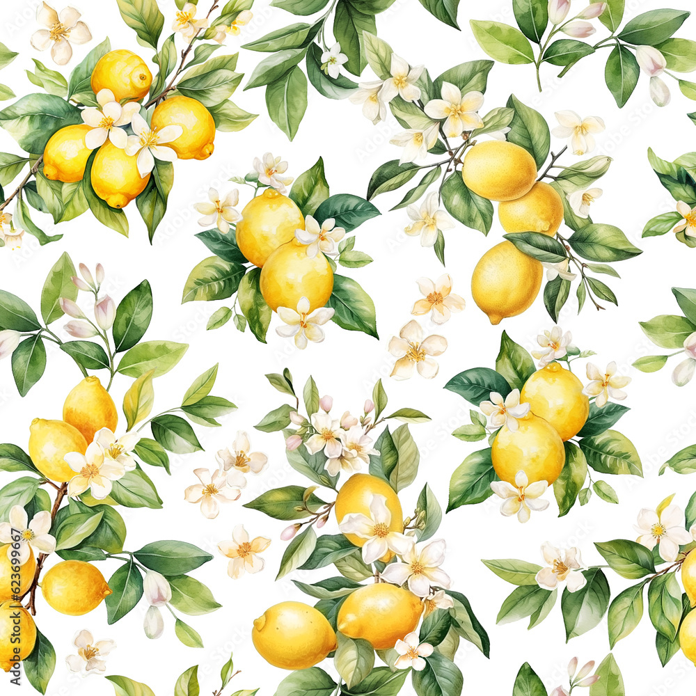 Seamless pattern with watercolor lemons, leaves and flowers isolated on white. 