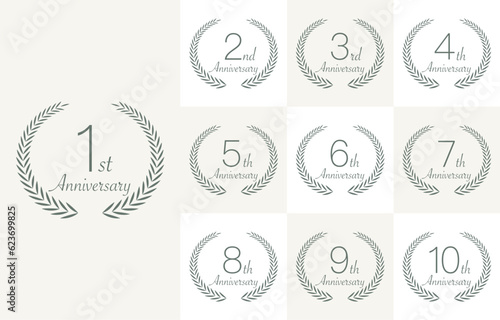 Laurel motif anniversary illustration set / 1st anniversary / 10th anniversary / logo / icon / gray