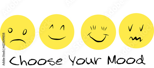 Text "Choose Your Mood" with yellow facial expression feeling stickers.