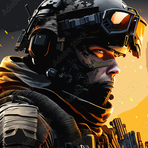 Portrait of a soldier in a military helmet. 