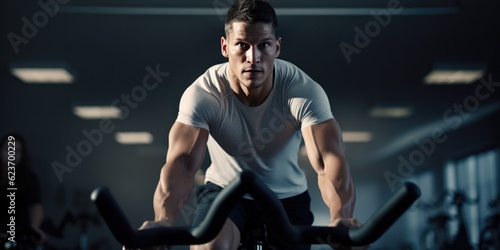 Portrait of a Young athletic man in sportswear doing cycling on exercise bikes at the gym, generative ai photo