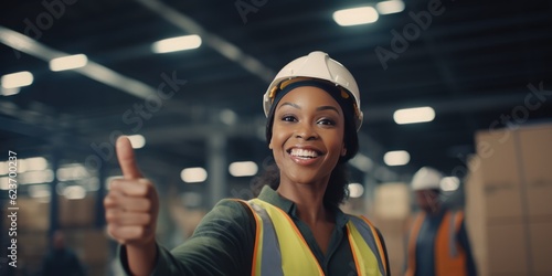Happy Young female african american engineer wearing safety workwear standing in the factory and thumbs up to appreciate the success of the teamwork.safety first in the industrial plant, generative ai