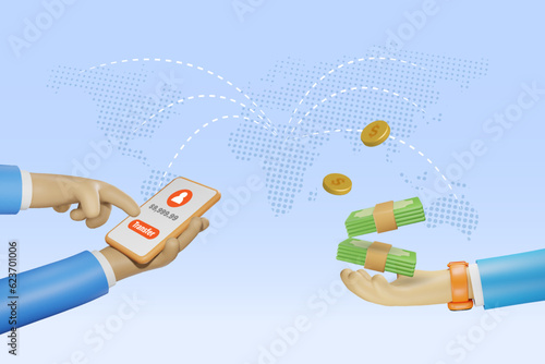 Online banking, money transfer concept. Businessman using smartphone online transfer payment and receive money. Global financial technology. 3D vector.