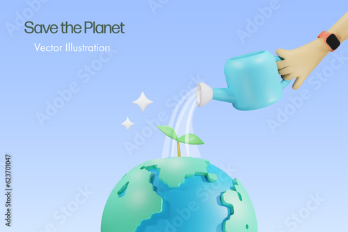 Hand showering water on small plant on world. Sustainable environment, save the planet and earth day concept. 3D Vector.