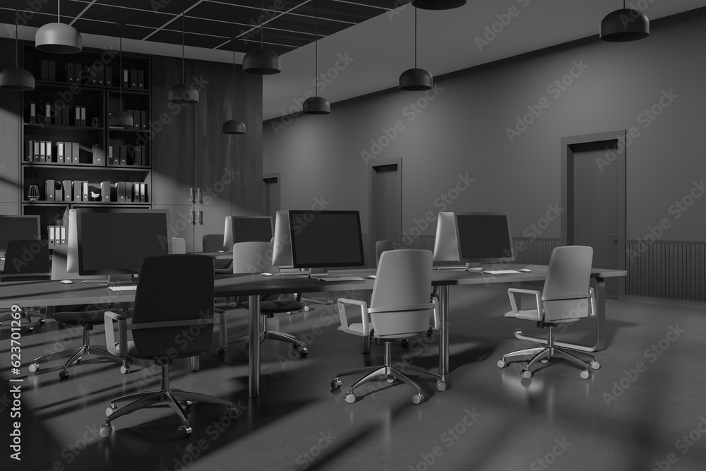 Gray and wooden open space office corner with doors Gray and wooden open space office corner with doors