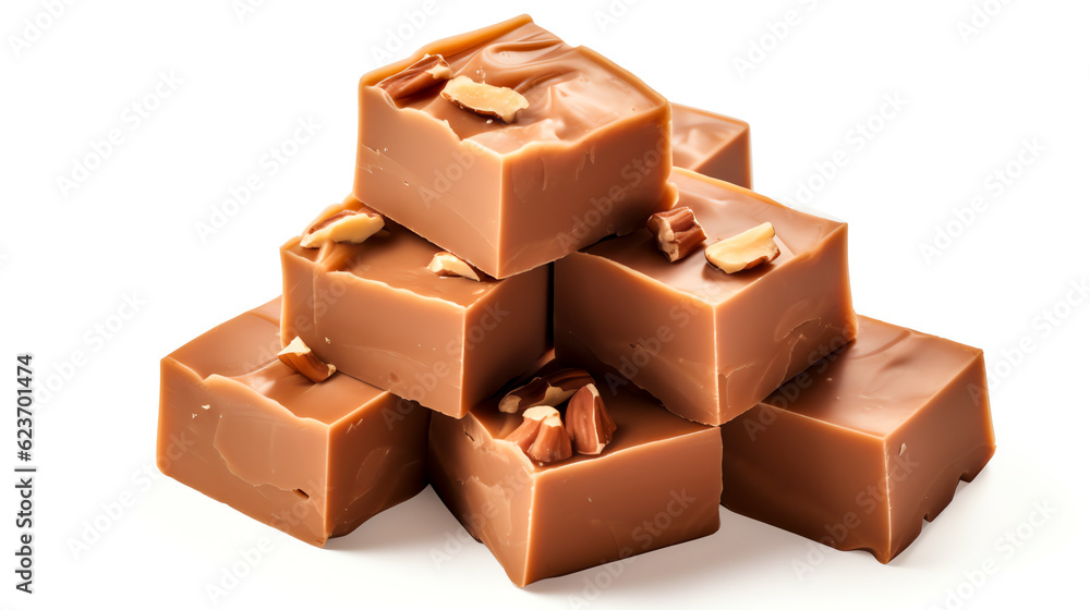 Fototapeta premium Fudge Dichter, reicher Süßwarenartikel, oft mit Schokolade, isoliert auf weißem Hintergrund with Generative AI