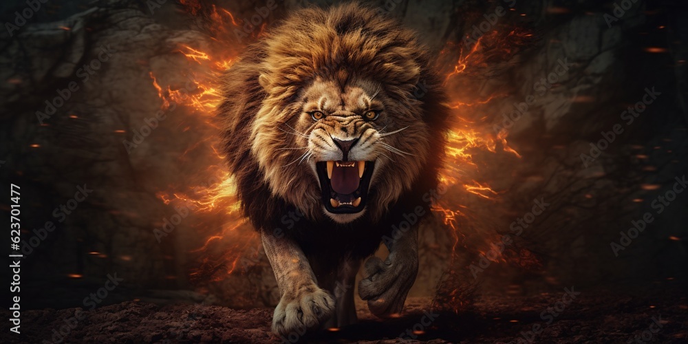 An angry lion with an open mouth. expression of anger. Portrait of a big male lion with open mouth on a dark background. Generative AI technology