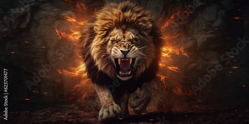 Foto An angry lion with an open mouth