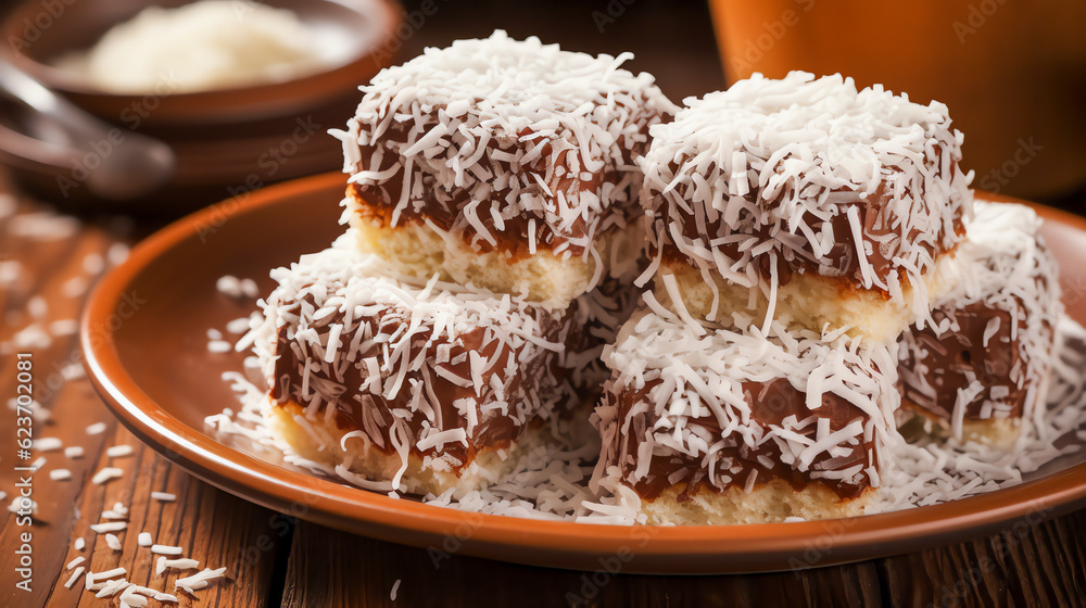 Lamingtons Australische Kuchenwürfel mit Schokoladenüberzug und Kokosraspeln with Generative AI Lamingtons Australische Kuchenwürfel mit Schokoladenüberzug und Kokosraspeln with Generative AI
