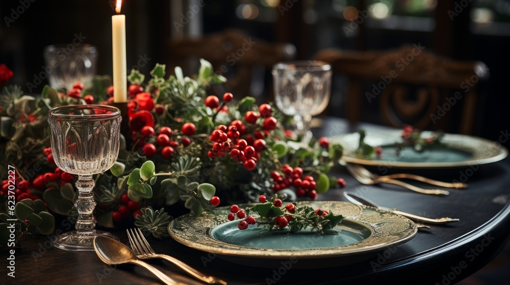 Beautiful Christmas table setting and festive decor