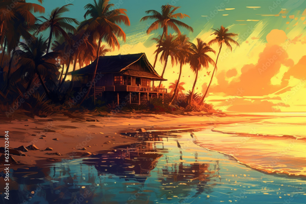 Drawing retro tropical beach summer background. Graphic illustration design. Generative ai. Drawing retro tropical beach summer background. Graphic illustration design. Generative ai.