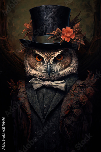 Owl in gothic victorian costume and top hat. Generative AI