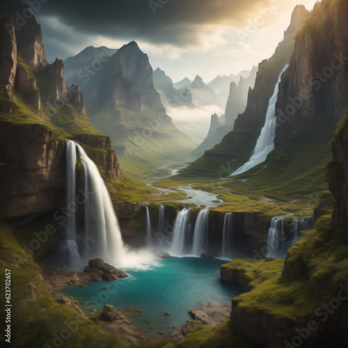 Fantasy landscape with waterfalls, panorama © Beste stock