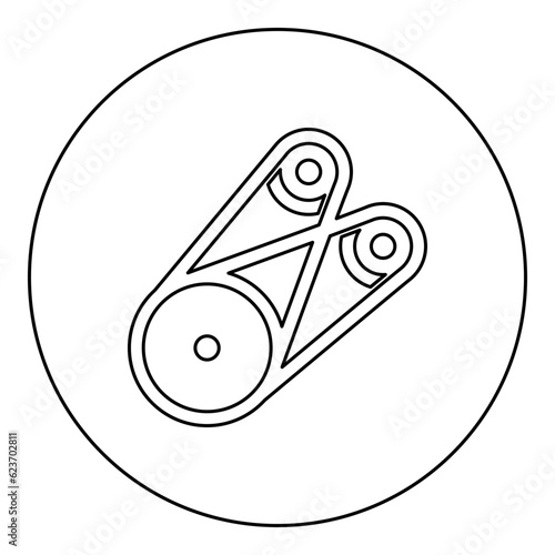 Belt transmission mechanism with three pulleys drive part automobile tension rollers engine spare auto repair wheels with rubber tape V-belt Automotive concept icon in circle round black color vector 