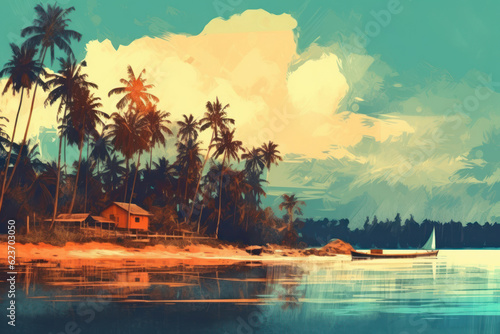 Drawing retro tropical beach summer background. Graphic illustration design. Generative ai.