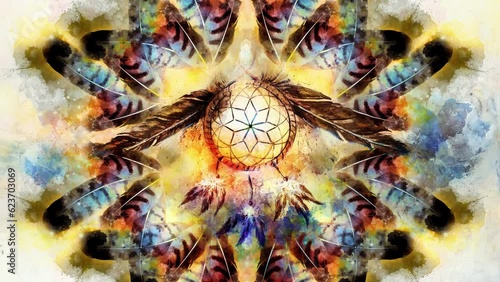 dream catcher, feathers and ornaments, indian spiri. Loop Animation.