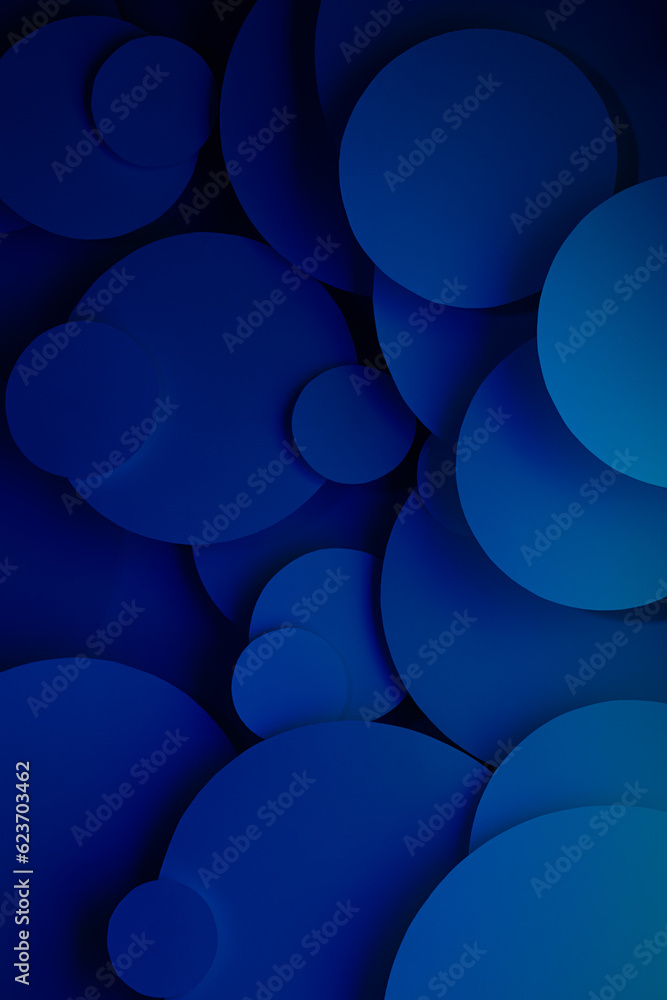 Deep blue turquoise abstract background of paper circles pattern of different size fly, perspective, top view, backdrop for advertising, design, card, poster, flyer, text in rich luxury modern style. - obrazy, fototapety, plakaty 