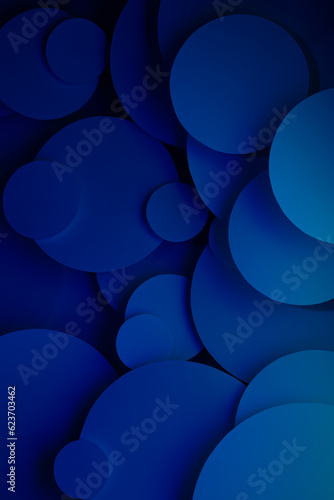 Fotografia Deep blue turquoise abstract background of paper circles pattern of different size fly, perspective, top view, backdrop for advertising, design, card, poster, flyer, text in rich luxury modern style