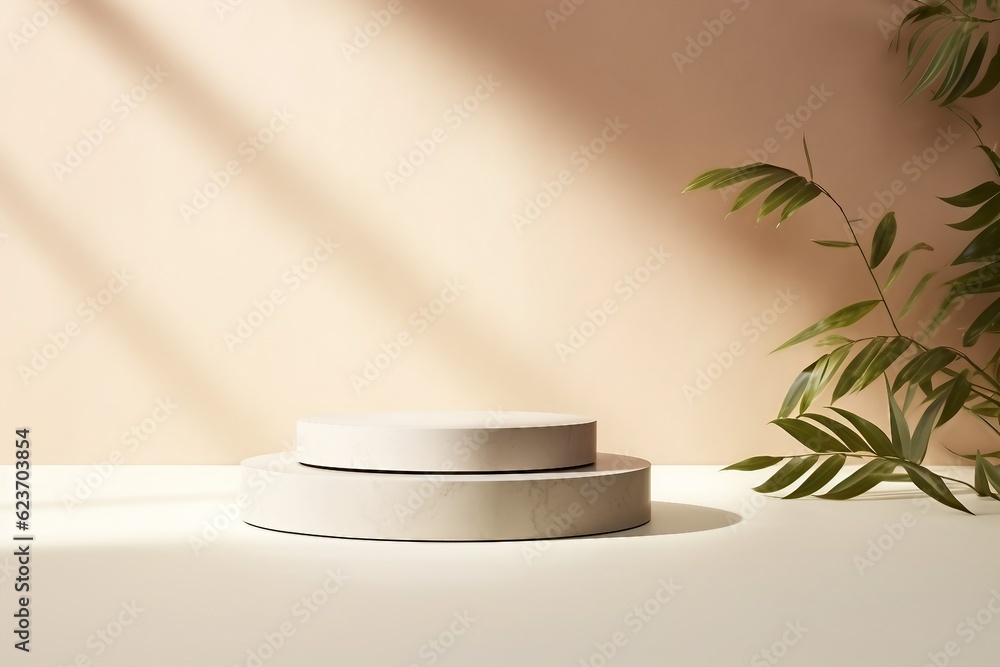 product display podiums with shadow of a plant in 3d illustration.created generative ai. product display podiums with shadow of a plant in 3d illustration.created generative ai.