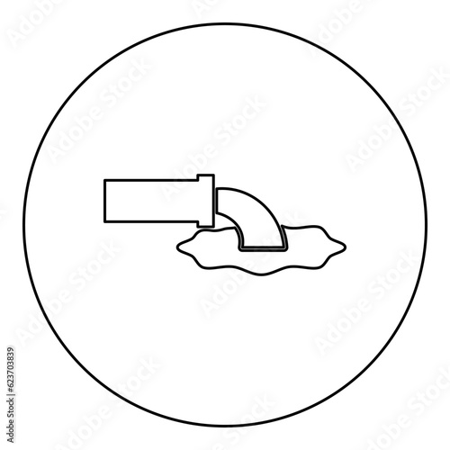 Wastewater fluid is leaking from pipe with water drainage industry to runoff sewer concept cleaning icon in circle round black color vector illustration image outline contour line thin style