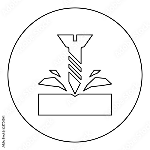 Self-tapping screw is screwed into the material shavings scatter icon in circle round black color vector illustration image outline contour line thin style