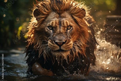 Portrait of a male lion swimming in the water. Generative AI technology 