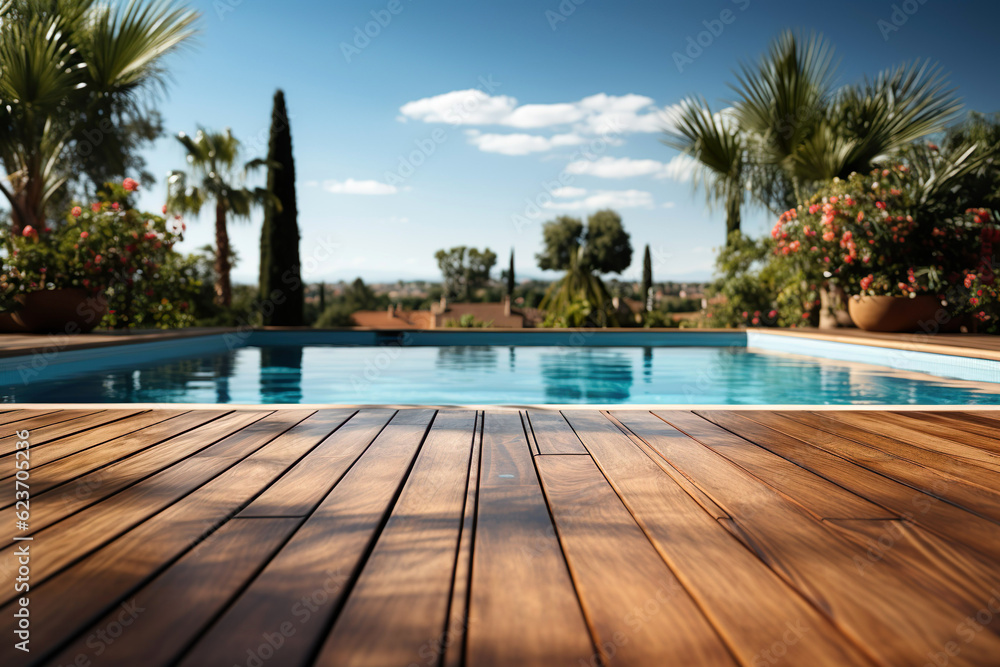 Empty wooden deck with swimming pool , Beautiful minimalist pool side view with blue sky. Generative Ai.