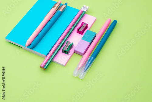 Multicolored pencils and office supplies as stationery concept for modern office