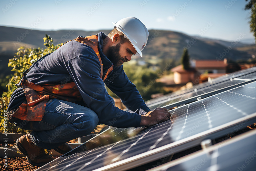 Minting and maintenance of solar panels by an expert. AI generativ. Minting and maintenance of solar panels by an expert. AI generativ.