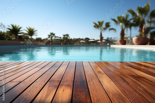 Empty wooden deck with swimming pool   Beautiful minimalist pool side view with blue sky. Generative Ai.