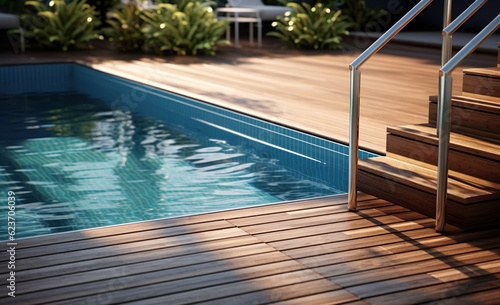 Fotografia Swimming pool with stair and wooden deck at hotel.