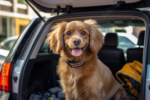 Cute dog sitting in car trunk with luggage for trip