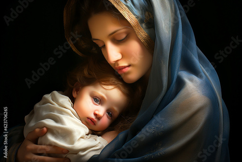  Holy Mary holding baby Jesus Christ in her arms. Graphic representation. AI generativ.