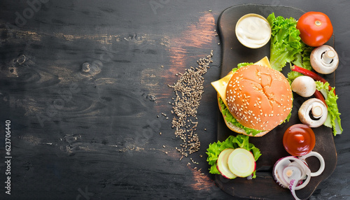 The Burger and the fresh ingredients on the old Board. On a black chalkboard. Top view. photo