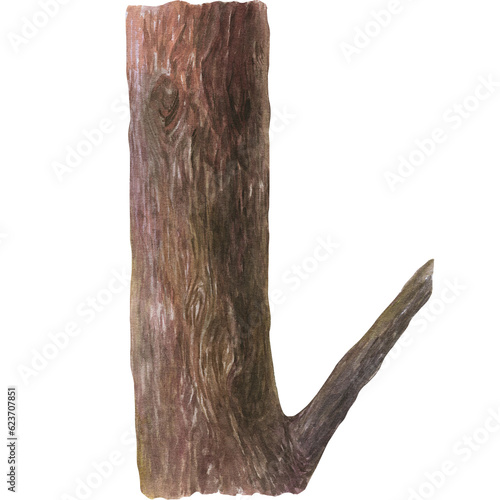 Watercolor illustration of brown tree trunk with branch. Isolated hand drawn illustration
