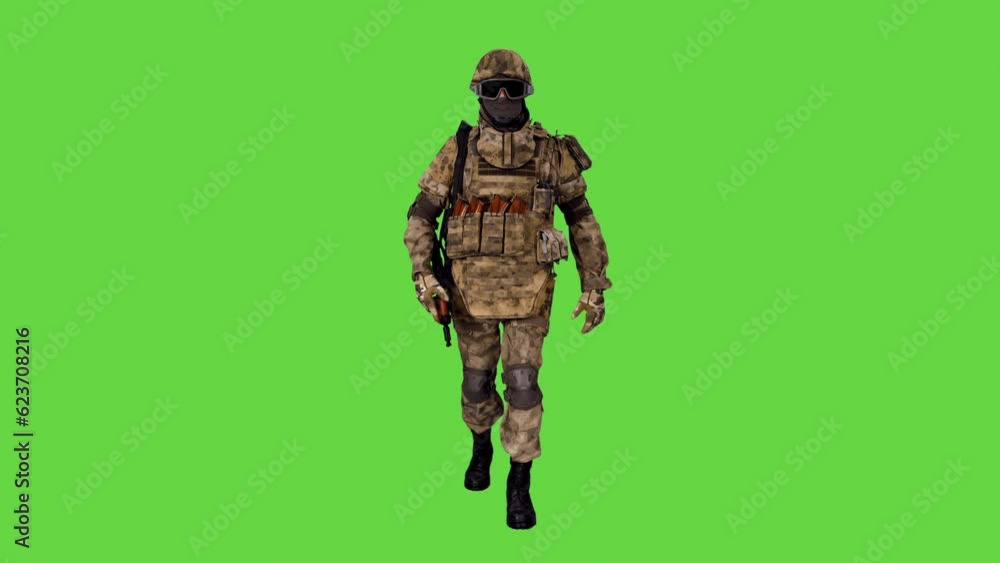 Armed soldier in camouflage and full protective equipment walking on green background, Chroma key, 4k pre-keyed footage Armed soldier in camouflage and full protective equipment walking on green background, Chroma key, 4k pre-keyed footage