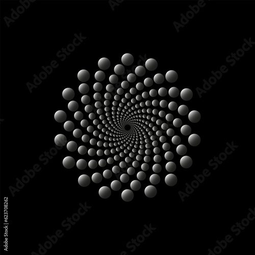 Vortex of points swirled to the center diminishing in perspective. Abstract logo design. Digital geometric design element isolated on black.