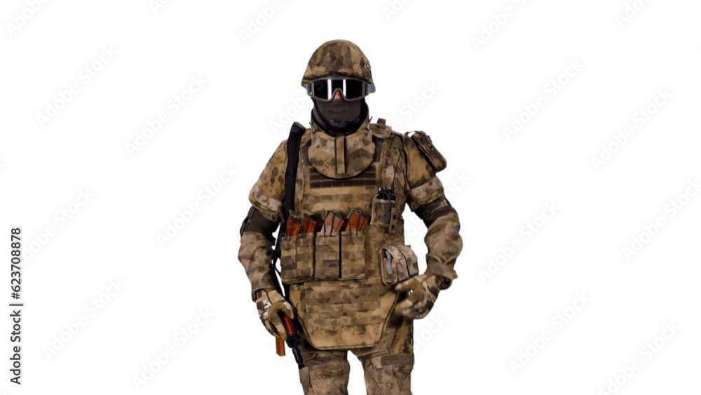 Armed soldier running in camouflage and full protective equipment, Full HD footage with alpha transparency channel isolated on white background Armed soldier running in camouflage and full protective equipment, Full HD footage with alpha transparency channel isolated on white background