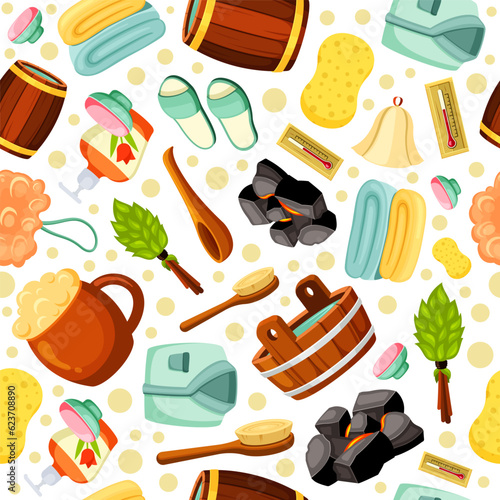 bathhouse accessories seamless pattern. sauna items, russian sauna attributes, bath sponge, towel, soap and broom. vector cartoon pattern