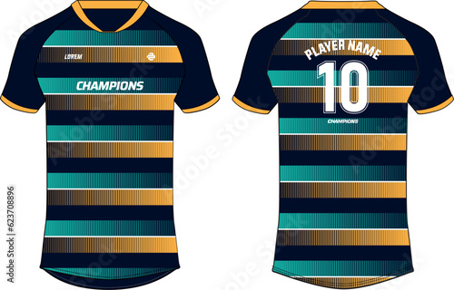 Sports jersey t shirt and shorts kit design flat sketch illustration, Abstract pattern V neck raglan sleeve Football jersey kit concept with front and back view for Soccer, Cricket, Volleyball uniform