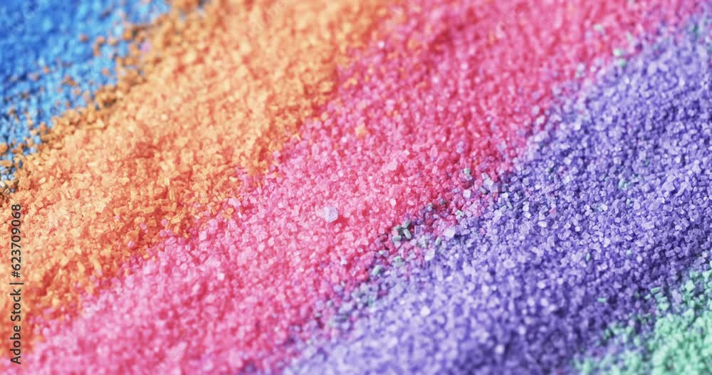 Video of close up of rainbow coloured sand grains and copy space background Video of close up of rainbow coloured sand grains and copy space background
