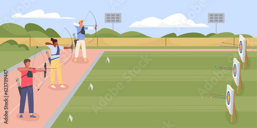 people practicing archery. cartoon female flat male characters, archery athletes compete, shooting targets with bows, archery competition. vector illustration