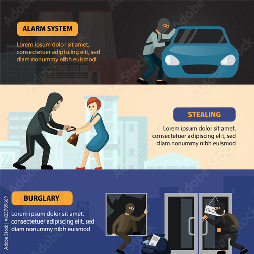 street theft, fraud, theft, robbery situations. horizontal banners on the topic of burglary and criminal organizations. vector cartoon web temlates.